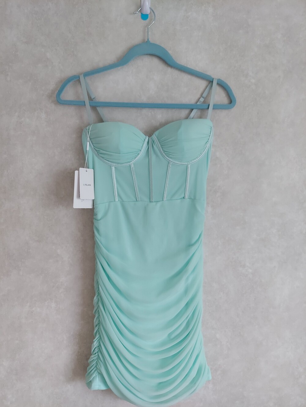 Small Seafoam Green Corset Style Ruched Mini Dress NWT Bodycon